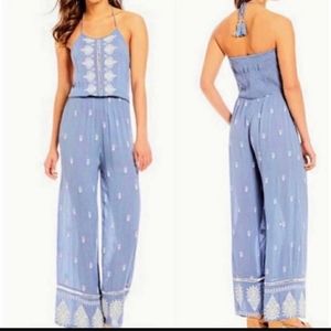 Chelsea & Violet Embroidered Halter Blue Jumpsuit S